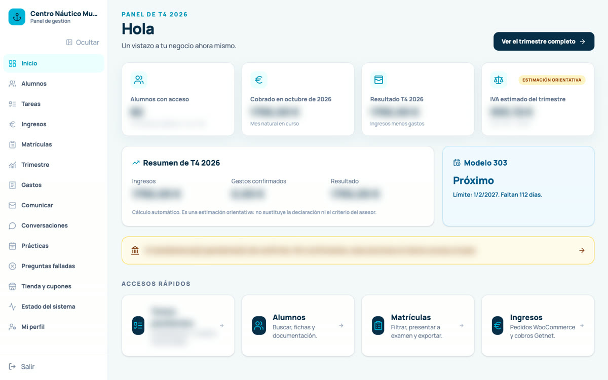 Panel de gestión del CRM del Centro Náutico Murcia