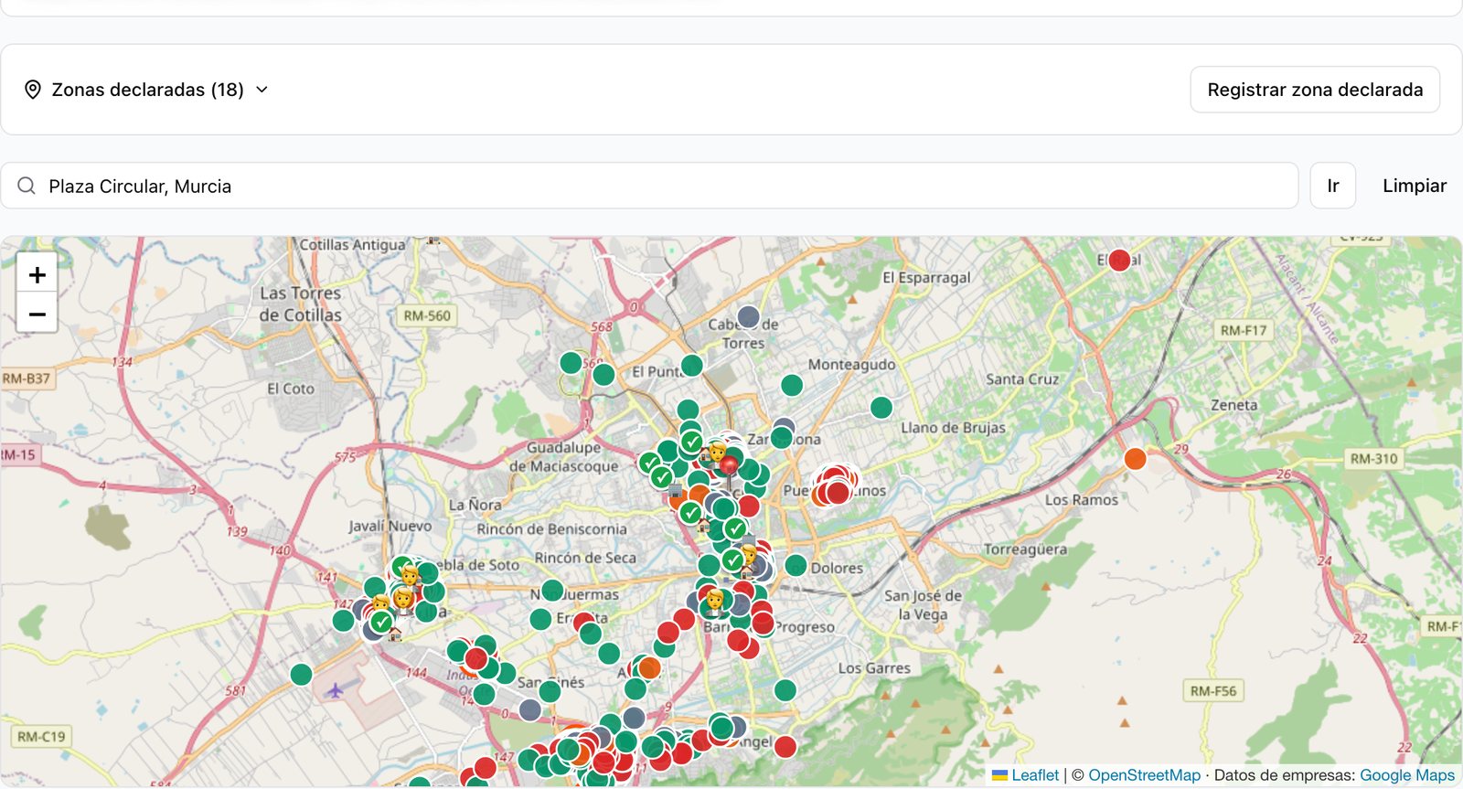 Módulo de prospección del CRM: empresas por zona y sector en un mapa, con los datos ocultos
